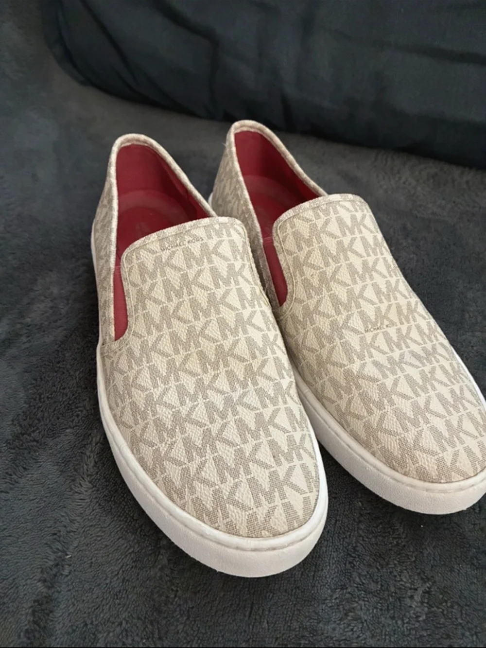 Michael Kors Beige Monogram Slip-On Sneakers with Pink Lining